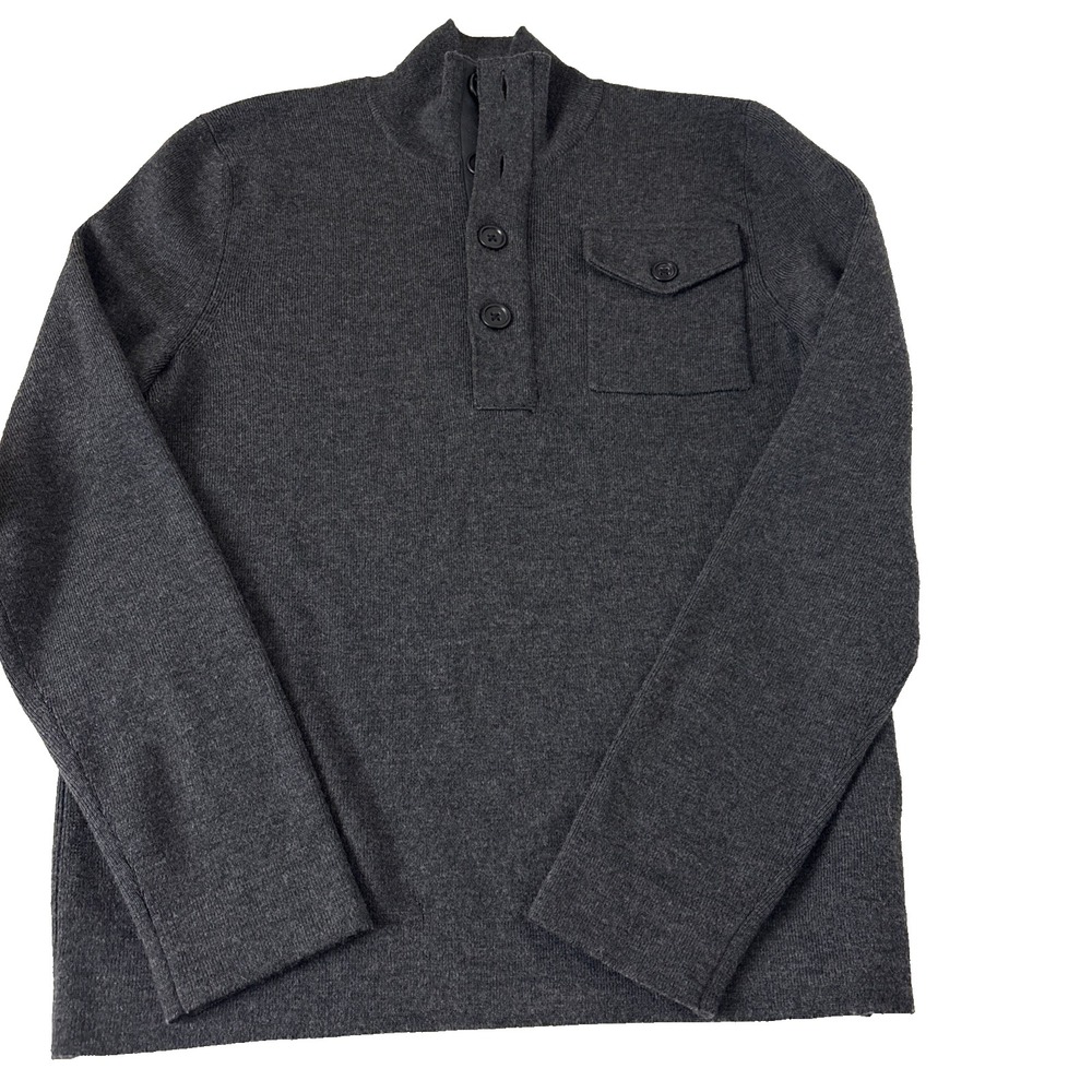Banana Republic Mens S Merino Wool pullover Mock Neck Button Sweater Grey *holes
